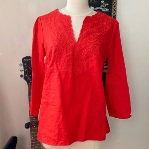 Susan Bristol Bright Red Linen Floral Embroidered Tunic. Size S.